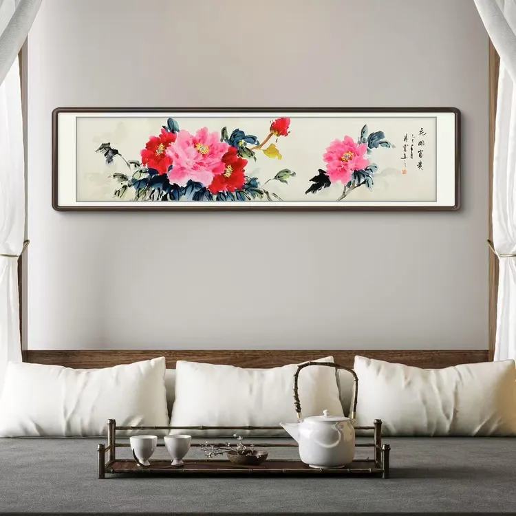 《花开富贵》手绘四尺对开牡丹花横幅餐厅卧室国画挂画作品文玩探宝