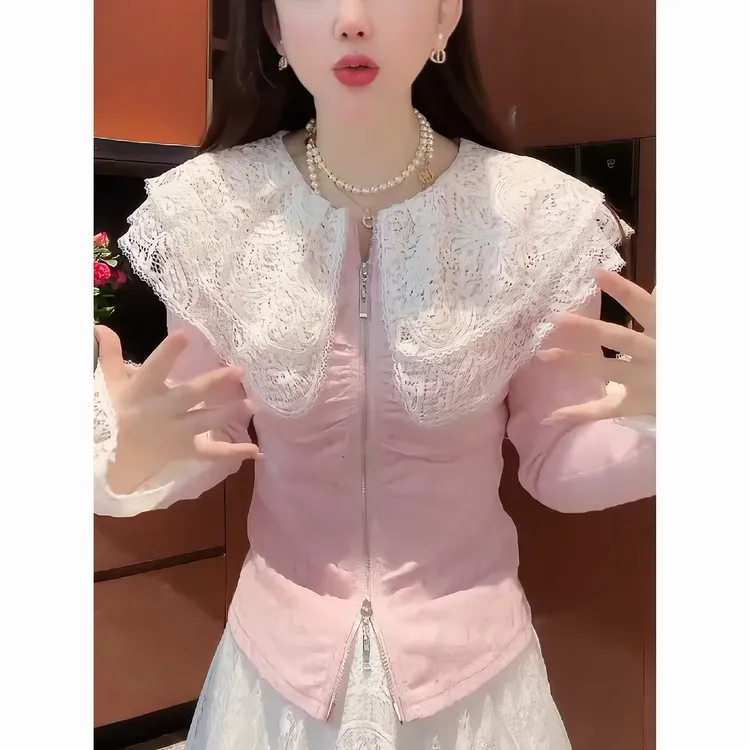 法式设计感小众洋气百搭长袖衬衫女蕾丝海军领拼接褶皱拉链打底衫