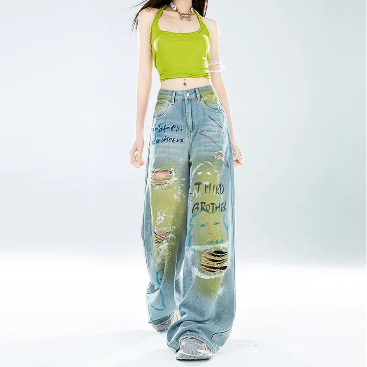 美式做旧渐变涂鸦破洞牛仔裤女夏季新款高腰设计感小众阔腿拖地裤