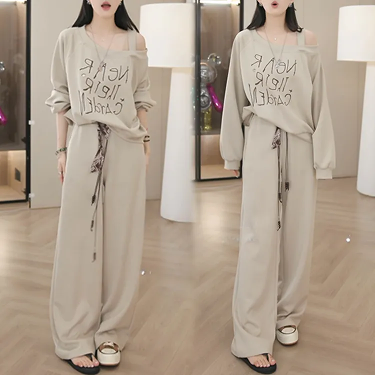 小众炸街高级感套装女2025春秋新款露肩长袖卫衣休闲阔腿裤两件套