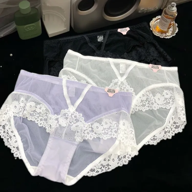 大码纯欲风少女紫色蕾丝内裤胖mm蕾丝无痕舒适透气中高腰三角内裤