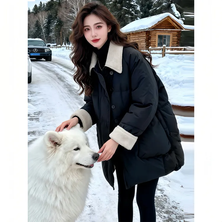 2024冬装新款高端欧货中长款棉服大口袋单排扣棉衣加厚保暖外套女