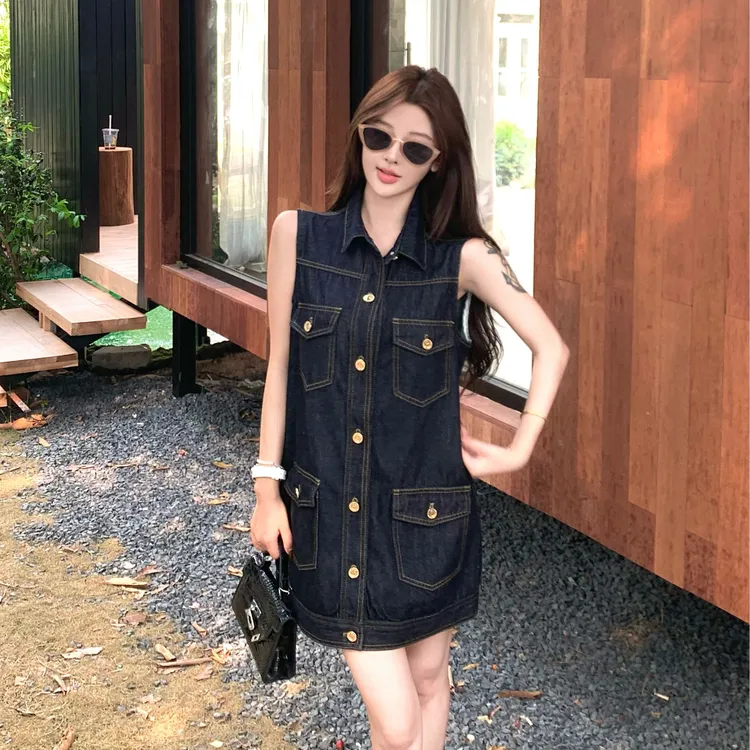 欧若风复古港风休闲无袖牛仔连衣裙女夏季韩版宽松显瘦短裙0027