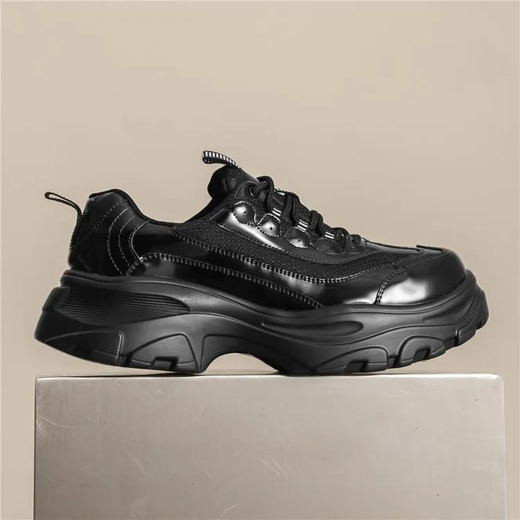 老爹鞋男生港风厚底网面透气板鞋内增高英黑色小皮鞋大头面包鞋