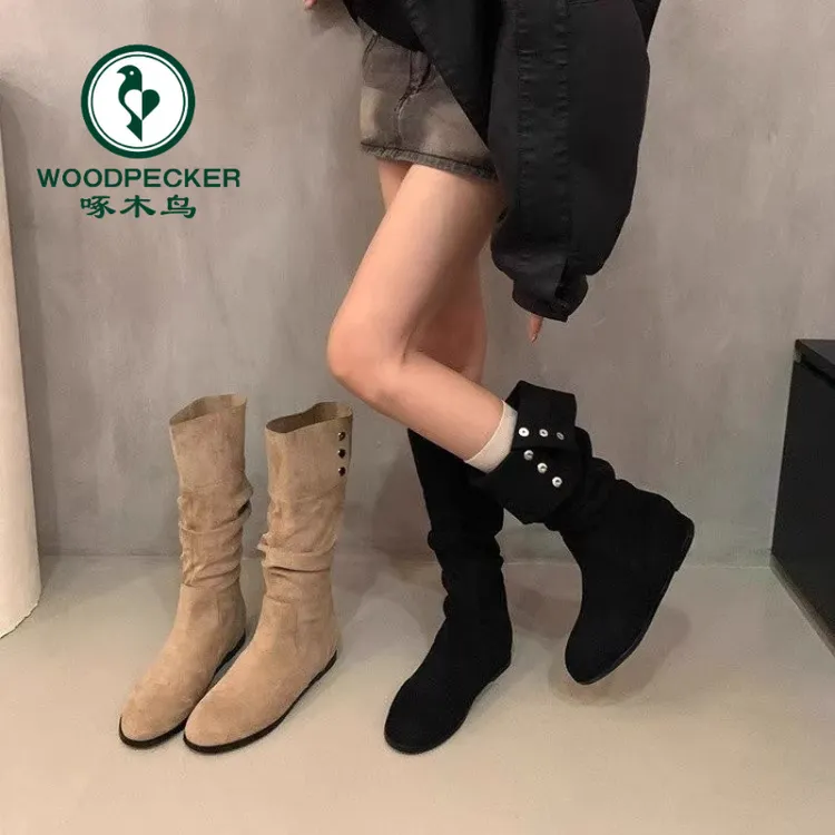 啄木鸟气质两穿堆堆靴女显瘦西部牛仔靴低跟复古高筒小个子骑士靴