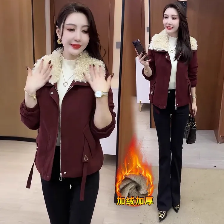 加绒加厚短外套女2025冬季新款休闲宽松显瘦百搭毛领保暖夹克上衣