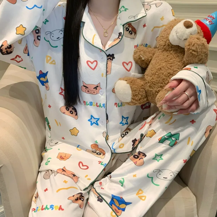 【柔软】蜡笔小新秋冬季海岛绒女士睡衣套装长袖加绒保暖网红家居服