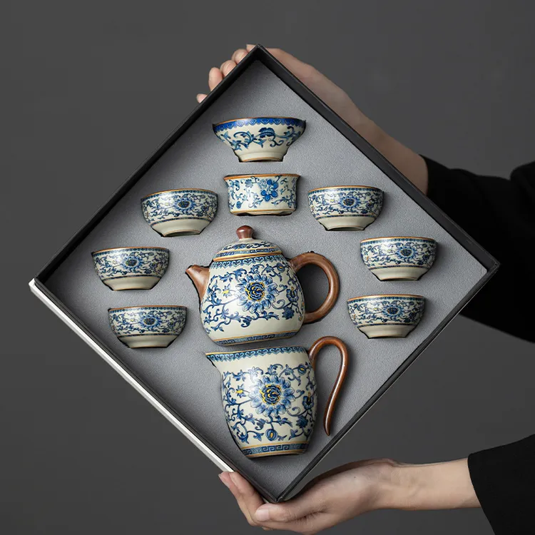 新款青花汝窑茶具套装高档整套泡茶壶茶杯家用功夫茶具送礼礼盒装