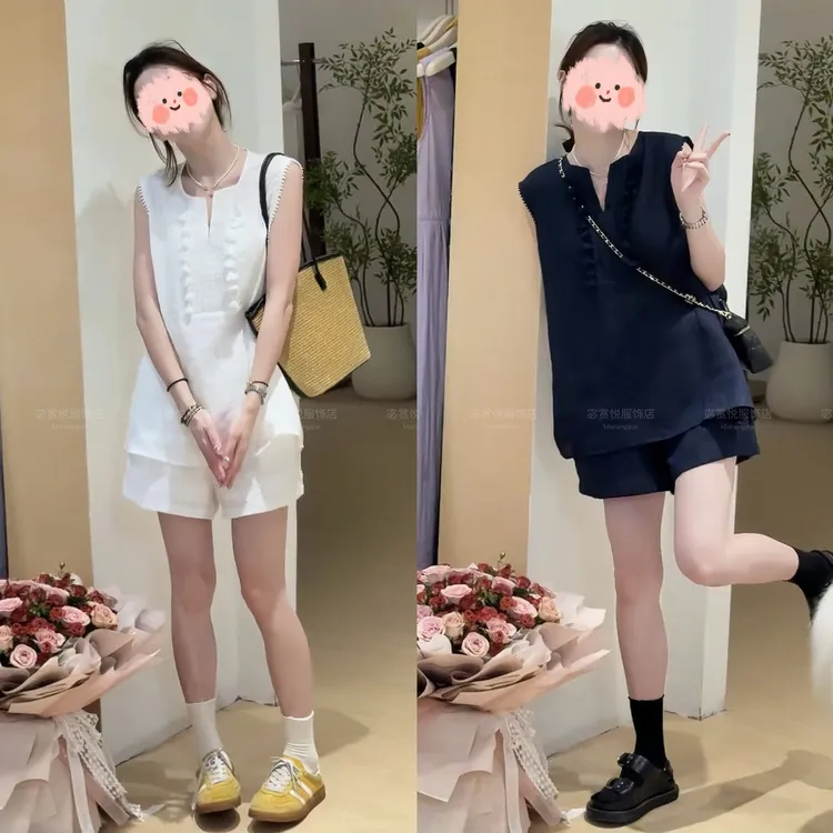夏季新款韩系休闲显瘦宽松百搭无袖上衣两套装舒适短裤洋气衣服女