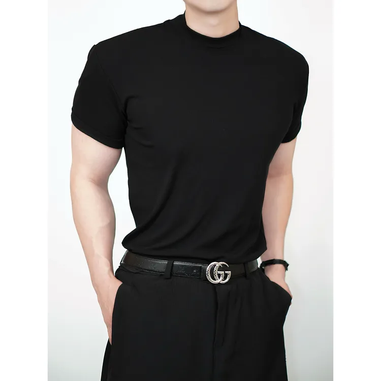 澍·夏季简约男双领设计短袖百搭纯色休闲痞帅T恤透气黑灰半袖时尚