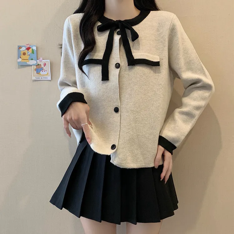 法式轻奢小香风正肩毛衣外套女蝴蝶结针织开衫女上衣外套I6-63