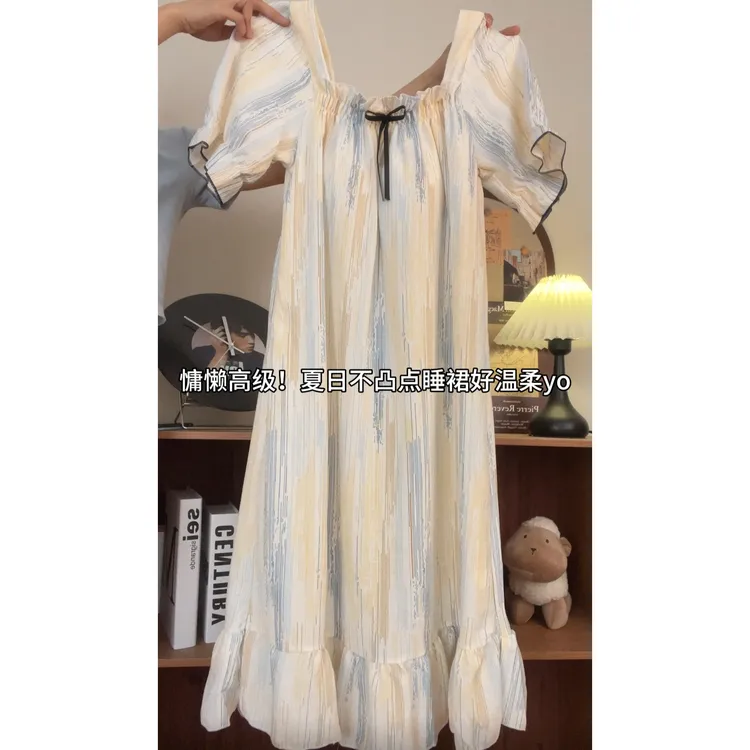 带胸垫睡衣女夏季薄款短袖甜美睡裙2025新款连衣裙春秋家居服条纹