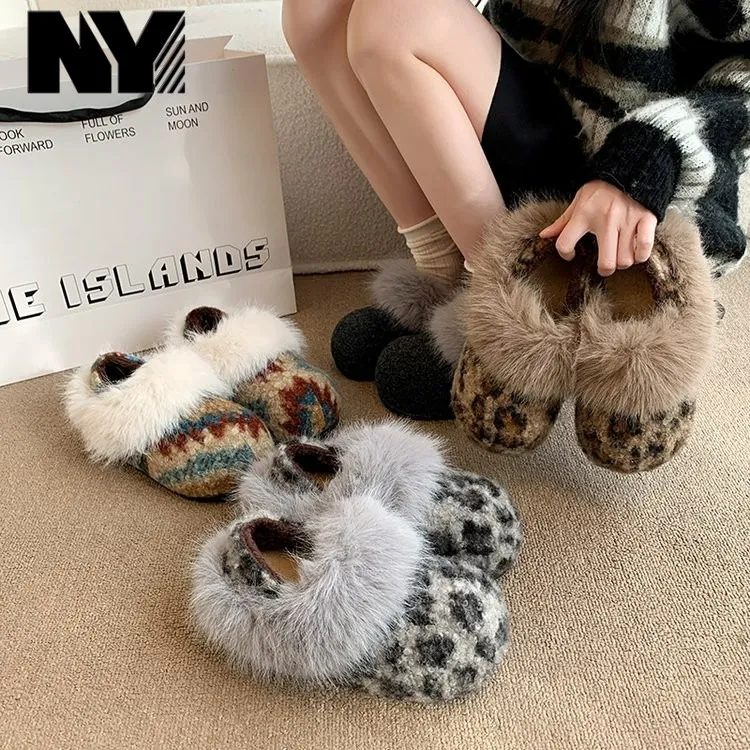 NY增高豹纹大头费尔岛毛毛勃肯鞋女外穿2025冬新款加绒懒人鞋棉鞋