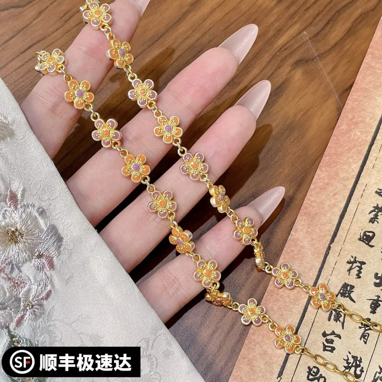 银9999描金珐瑯彩桃花吊平安喜乐手錬精致国潮风送礼百搭时尚