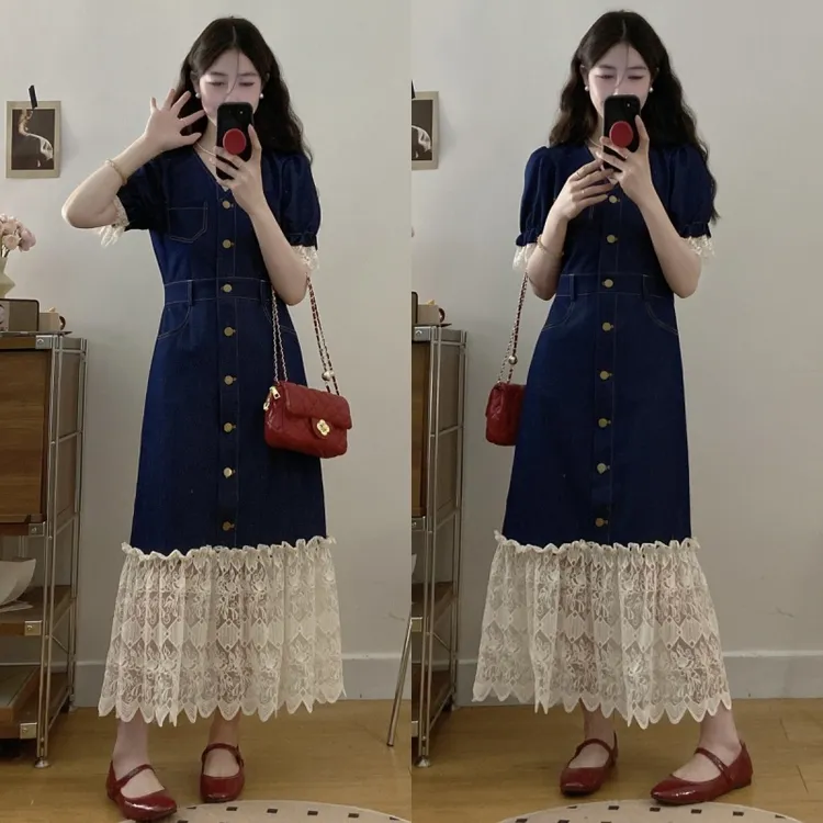 大码女装2025春夏新款法式复古V领牛仔拼接蕾丝短袖连衣裙长裙