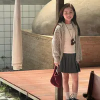 KIKIAND中大童复古港风时尚纯色百搭百褶裙--8128