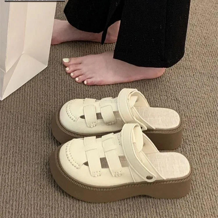 两穿镂空包头凉鞋女2024夏季新款洞洞森系罗马鞋厚底半拖鞋女外穿