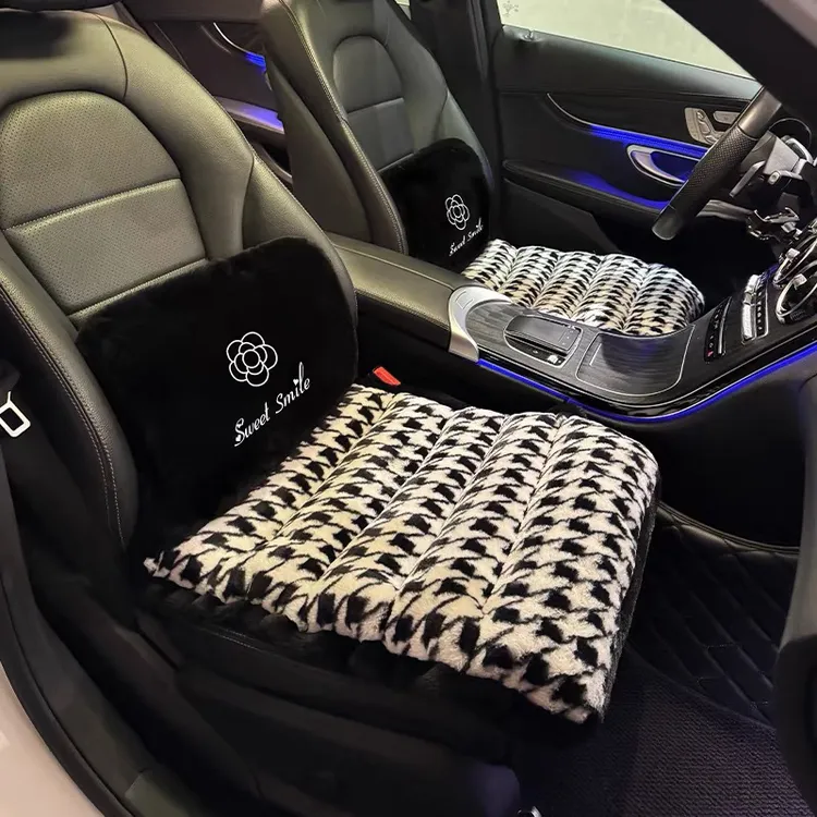 汽车坐垫冬季毛绒山茶花女神加绒保暖加热通用车载座垫座椅套女