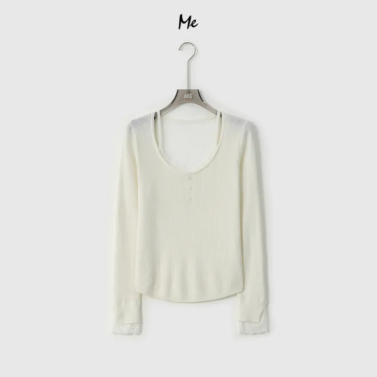 ME【纯欲花蕾假两件】超细美利奴绵羊毛浮雕蕾丝针织毛衣MESA3883