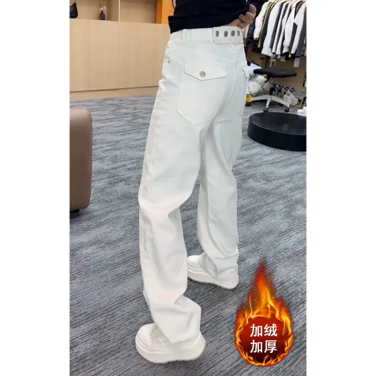 Aimeerosa/艾洛莎2025冬季加绒帅气腰扣牛仔裤时尚窄版显瘦直筒裤