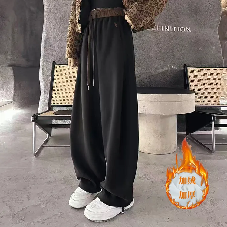 （加绒加厚款）冬季刺绣拼色高腰美式束脚两穿阔腿裤休闲裤2559