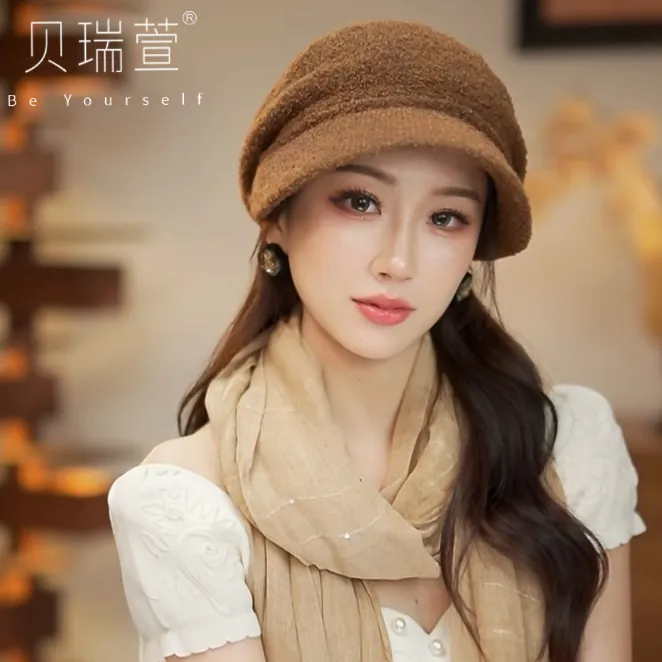秋冬高级感含羊毛呢报童帽贝雷帽子复古显脸小八角帽女