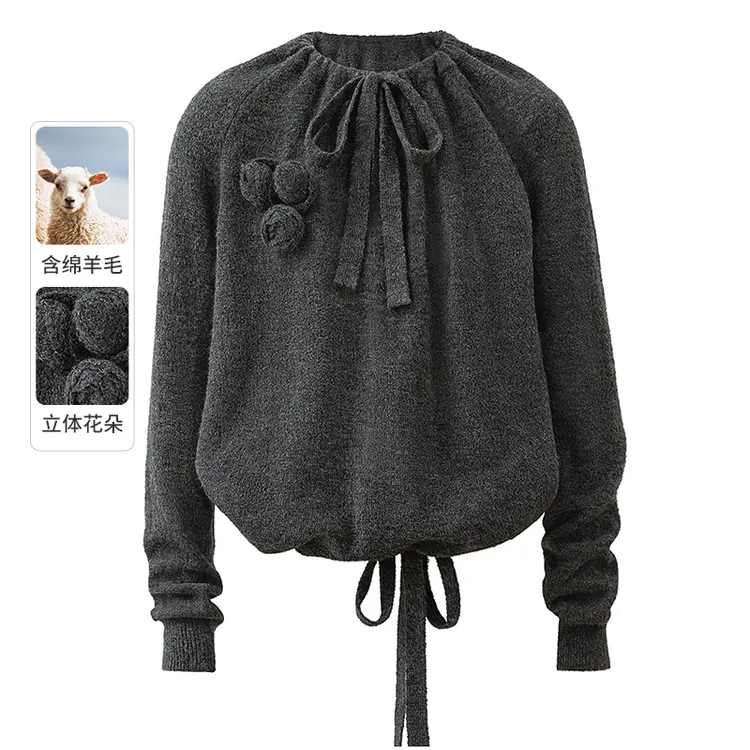【品牌奥莱】丝柏舍绵羊毛法式女装手工立体玫瑰绑带毛衣S53K3190M