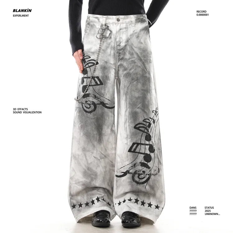 BLANKIN 美式复古脏染做旧音符星星印花牛仔裤男宽松小众设计长裤