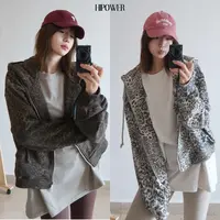 ‘好人有好豹’运动健身休闲豹纹连帽外套宽松百搭厚卫衣上衣女开衫