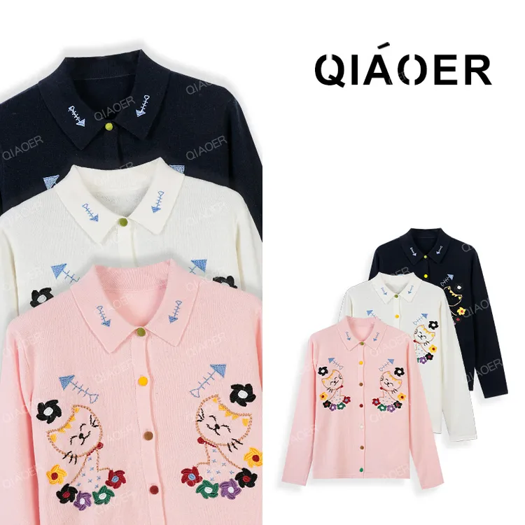 乔儿定制【猫咪彩扣开衫】100羊毛长袖百搭针织开衫女卡通长袖上衣