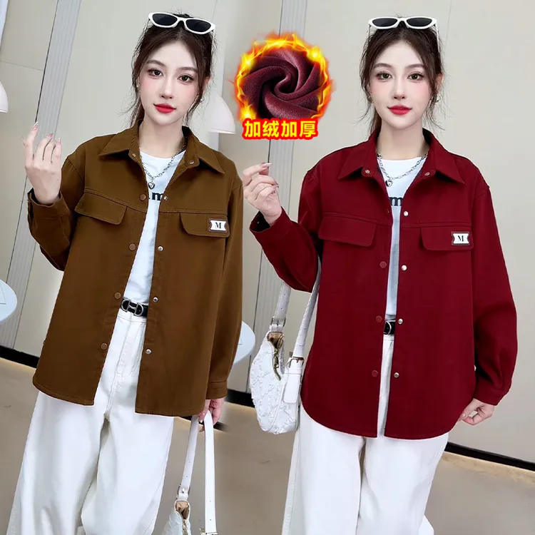 秋冬季POLO领冬季女常规透气短外套加绒加厚短款休闲衬衫2551