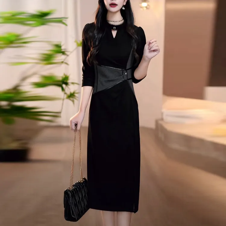 木雅精纺轻奢女装2025秋季新款长袖黑色时尚修身显瘦气质连衣裙子
