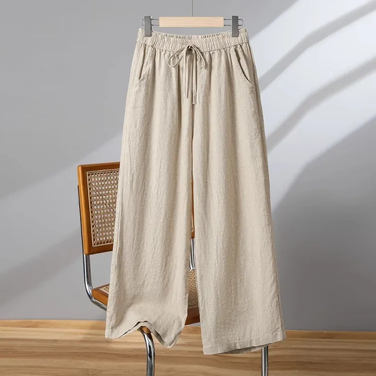 天丝棉麻阔腿裤女士夏季薄款2025新款妈妈裤子宽松直筒亚麻九分裤