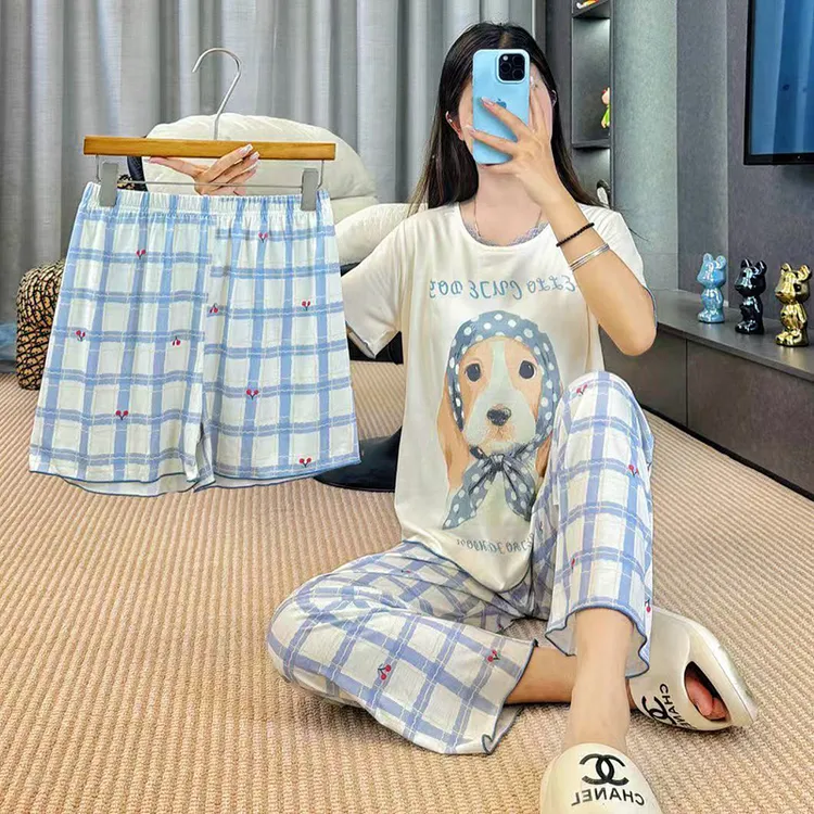 【围巾狗狗】带杯垫三件套短袖女夏睡衣家居服可爱印花休闲舒适2266