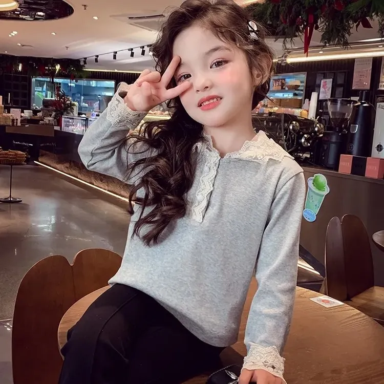 女童长袖上衣春装2025新款洋气儿童蕾丝连帽T恤小女孩休闲打底衫