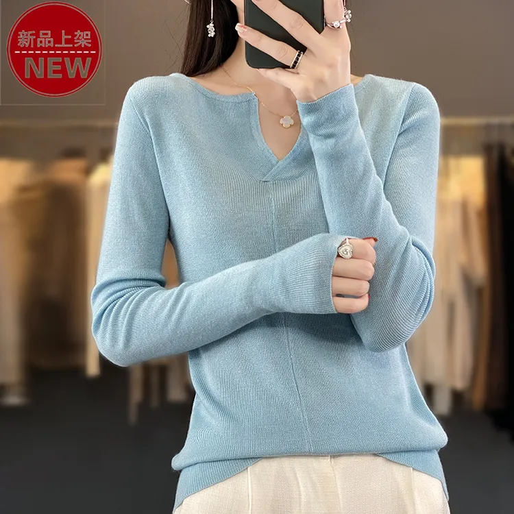2025新款圆V领时尚纯色柔软细腻亲肤优雅气质百搭休闲打底针织衫