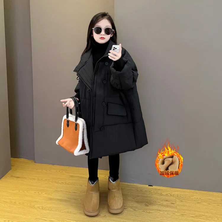 女童外套秋冬装2025新款韩版时尚中长款褶皱棉衣加绒铅笔裤套装潮