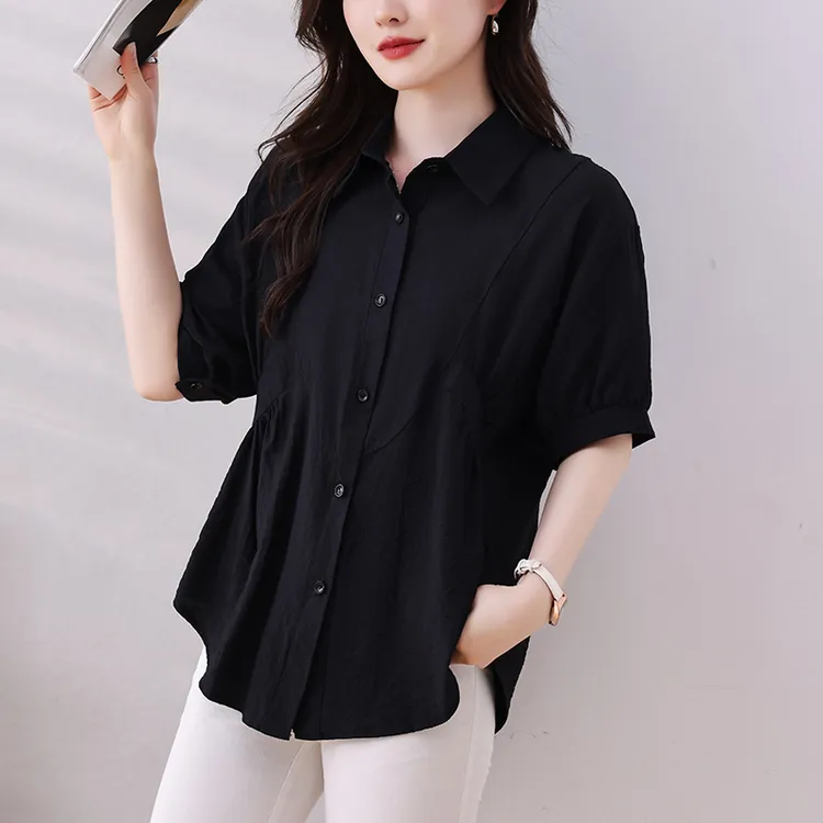 2025黑色洋气减龄衬衫女短袖夏季新款高级感宽松大码显瘦别致上衣