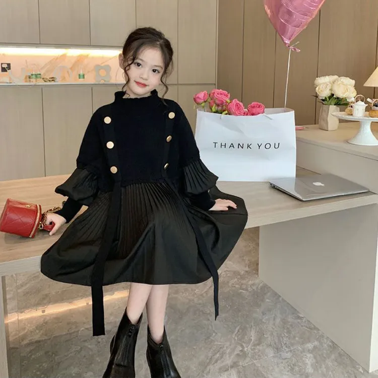 童装中大女童连衣裙春秋装时尚赫本风黑色设计感拼接裙儿童百褶裙