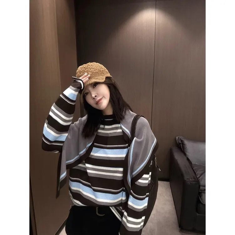 高级感条纹针织衫女秋季披肩外搭叠穿两件套早秋韩系穿搭chic上衣