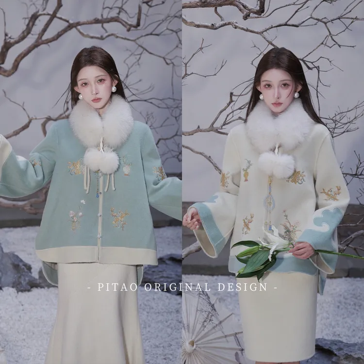 杜屁屁桃PITAO 原创【天水碧】新中式双面可穿100绵羊毛毛呢大衣