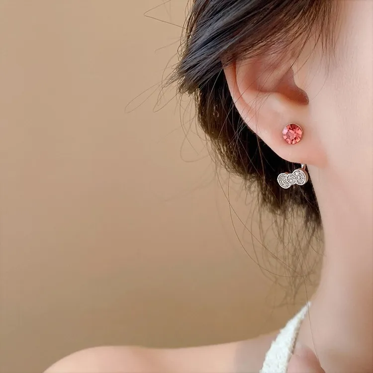铜合金锆石耳饰 红色蝴蝶结耳骨钉时尚小众气质新款百搭耳环轻奢