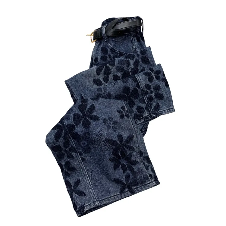 W55832秋冬复古立体植绒提花无弹阔腿牛仔裤（不带腰带）