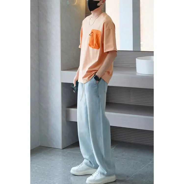 【啊霖】夏季薄款休闲出门显瘦浅色冰川蓝直筒百搭水洗长牛仔裤