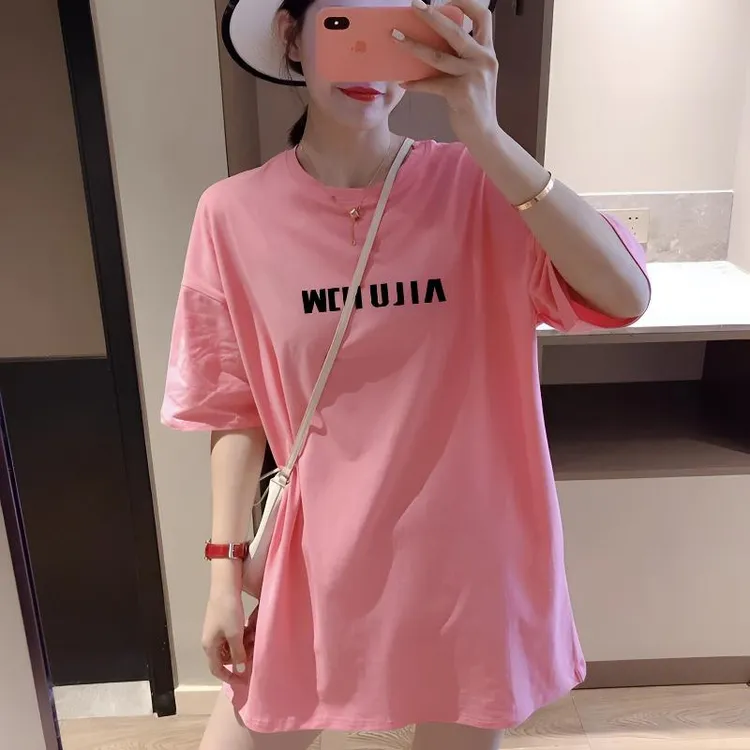 印花短袖t恤女夏2025年新款休闲大版中长款下摆失踪纯棉粉色上衣