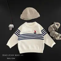 T25Q136婴幼儿春秋季新款韩系男女宝宝套头圆领条纹长袖提花毛衣