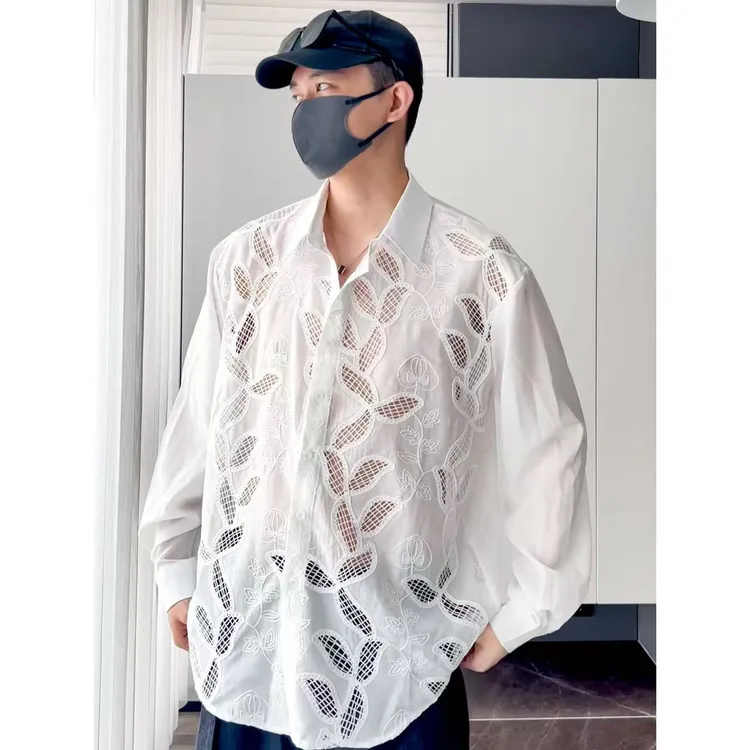 大圣圣 白色法式气质镂空钩花长袖宽松百搭衬衫衬衣男FRA 6717