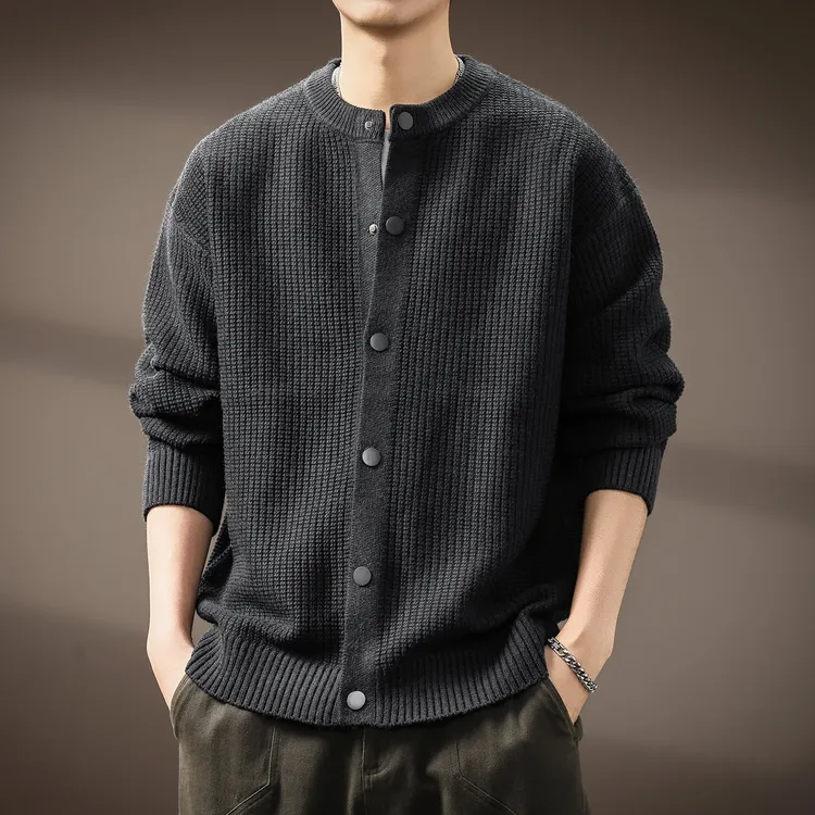 高端毛衣男秋冬修身男款针织开衫外套纯圆领落肩袖重磅肌理感休闲