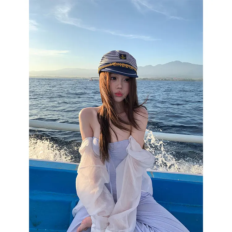 设计感时尚条纹抹胸吊带上衣高薄款气质百搭衬衫高腰显瘦阔腿长裤