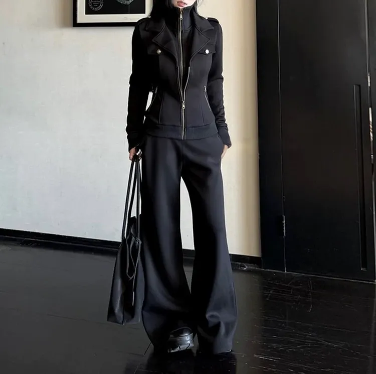 【琳达专属】加绒加厚套装秋冬新款假两件外套上衣+宽松微喇裤显瘦两件套L1262